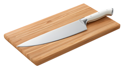 Chef’s Knife on Cutting Board 3d rendered, isolated on transparent background