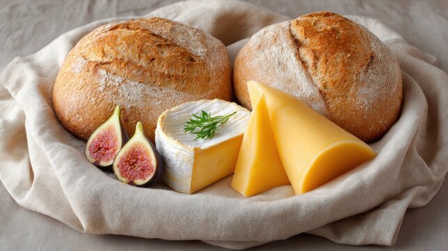 Rustic Flat Lay of Freshly Baked Bread, Cheese, and Fig Display on Natural Cloth Surface for Seasonal Food Inspiration