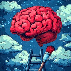 Vibrant Red Brain Among Clouds with Ladder and Paintbrush in Starry Night Sky