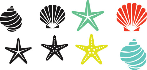 Seashells black icons collection. Starfishes and seashells vector icons .Marine Shell illustration...