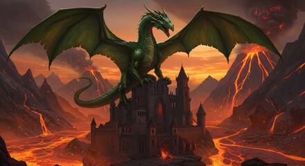 A majestic green dragon with wings spread perches atop a dark castle in a fiery, volcanic landscape with flowing lava.