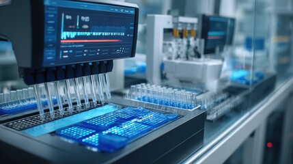 Fototapeta premium gene chips loaded in the laboratory automated sequencer, robotic arms adding reagents, sequencing progress bar displayed on the screen, background is low - temperature storage cabinet