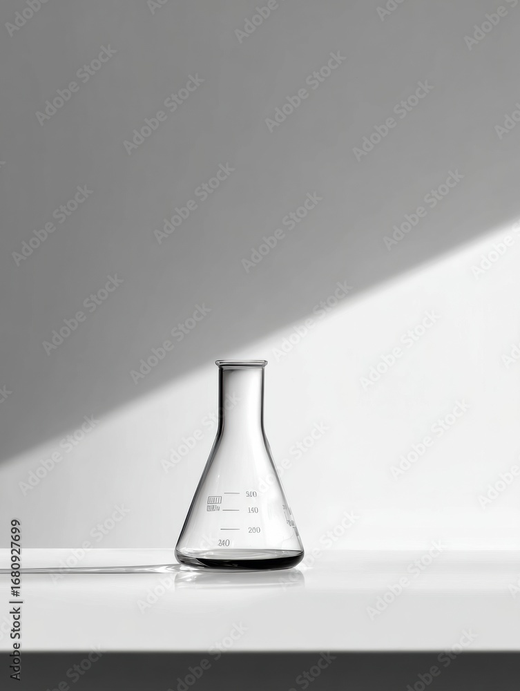 Poster glass laboratory flask on a white surface illuminated by natural light in a minimalist setting