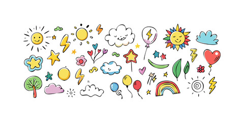 Playful doodle icons with suns clouds and rainbows