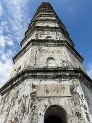 Historical Laiyan Tower on Mount Yintai in Guangyuan, Sichuan, China, a stone octagonal tower with 36 meters height and 13 floors built in late Qing Dynasty. Heritage.