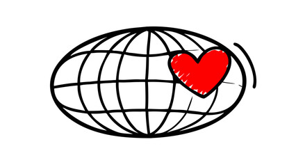Red heart on globe doodle world love