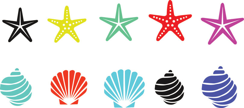Seashells black icons collection. Starfishes and seashells vector icons .Marine Shell illustration isolated.Scallop,conch shell.snail icon.sea star fish marine illustration,background art.