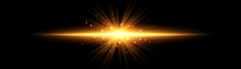 Fototapeta premium Light flash with rays or golden spotlight and particles. Yellow glow light effect. Vector illustration. Isolated on black background.