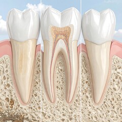 Three-part cross-sectional illustration of a tooth, showcasing the internal structure and comparison of a natural tooth to a brightened tooth.