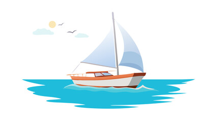 Sailboat on blue water with sun and clouds sailing