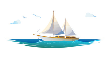 Sailboat sailing on blue water with clouds and birds