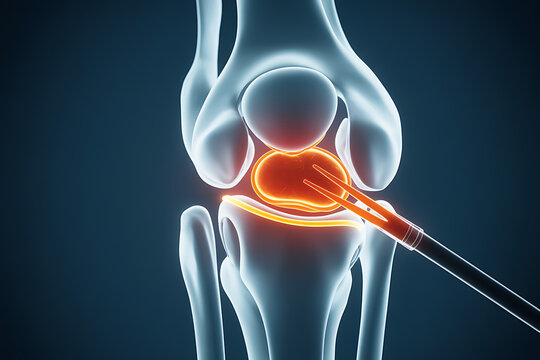 Professional 3D rendering of knee joint arthroscopy surgery showing medical instruments repairing meniscus with highlighted anatomy structure