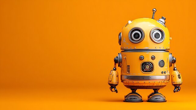 Cute yellow robot on orange background.