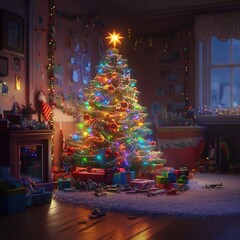 Obraz premium Christmas tree with colorful lights and presents. Brightly decorated Christmas tree with glowing lights and wrapped presents.
