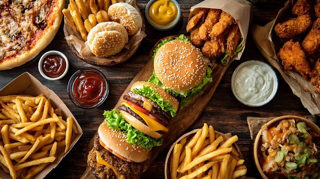 Diverse array of fast food items.