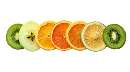 Organic Fruit Slices: A flat lay of organic fruit slices like oranges, kiwi, and apples, isolated on a Transparent background, PNG file.