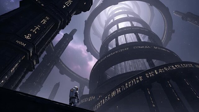 An astronaut stands in awe before a colossal, spiraling alien tower with glowing ancient symbols.
