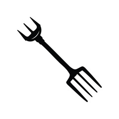 Stylized black and white image of two distinct forks connected by a handle, pitchfork silhouette vector illustration