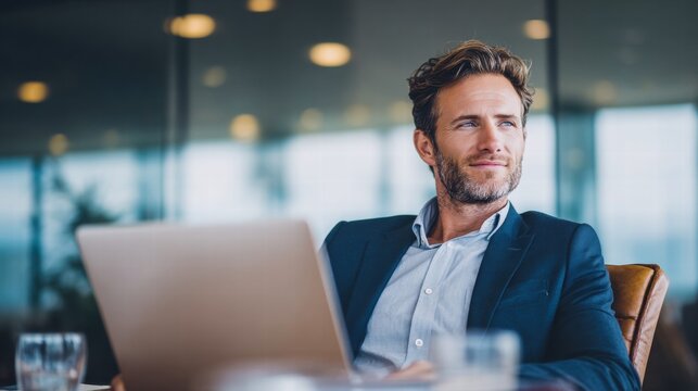 A successful businessman looking out of the window while working on his laptop, smiling.