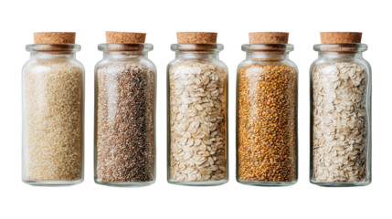 Organic Grains in Jars: A flat lay of organic grains like quinoa, oats, and rice in glass jars, isolated on a Transparent background, PNG file.