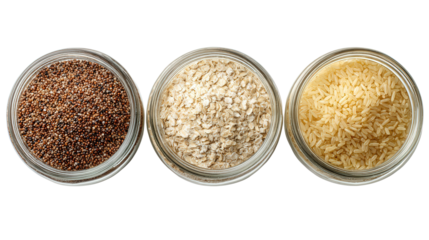 Organic Grains in Jars: A flat lay of organic grains like quinoa, oats, and rice in glass jars, isolated on a Transparent background, PNG file.