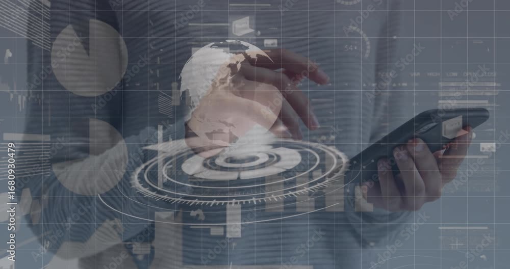 Aufkleber animation of scope scanning and data processing over woman using smartphone