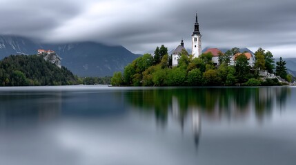 Obraz premium Serene island church reflected in placid lake, dramatic sky. Lush greenery on the island. Mountain range in the background
