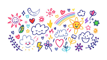 Whimsical doodle elements with suns clouds and rainbows