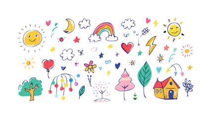 Whimsical doodle elements with sun moon rainbow house