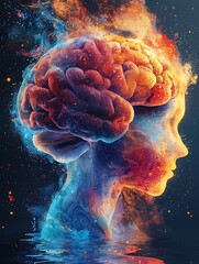 Human Head and Brain Blending into Vivid Cosmic Colors of Blue Red and Orange Against Dark Background