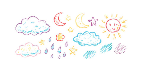 Whimsical weather elements hand drawn moon stars