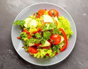 Freshly prepared vegetable salad, vibrant in color, displayed on a gray plate, with cucumbers, tomatoes, red bell peppers, and lettuce, garnished with fresh parsley.