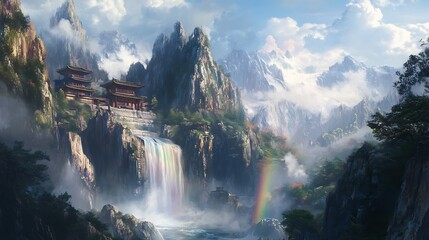 A majestic waterfall crashes into a misty pool, with a brilliant rainbow arching gracefully above the scene.