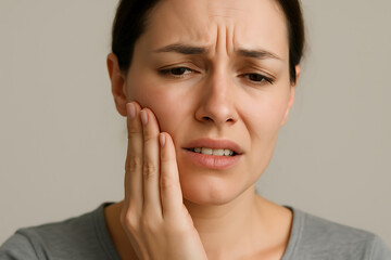 woman with a painful toothache holds her hand to her cheek, expressing discomfort and grimacing in pain from dental problems or sensitive teeth