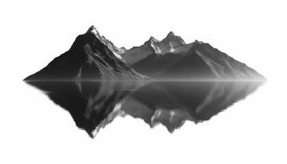 Crisp black and white mountain lake reflecting dramatic peaks; minimalist graphic art print,  peaceful,  water