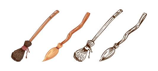 Hand drawn vintage sketch set of halloween witch brooms in color and monochrome rustic illustration