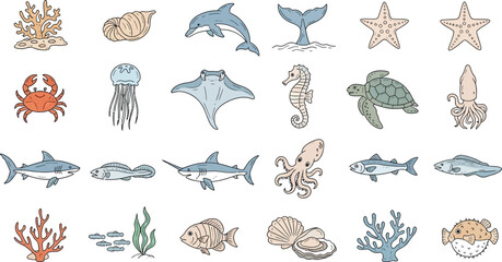 Obraz premium Hand Drawn Set of Various Sea Animals and Marine Life Illustrations.