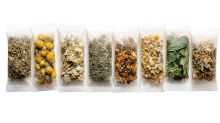 Organic Herbal Tea Bags: A flat lay of organic herbal tea bags with natural dried herbs like chamomile and peppermint, isolated on a Transparent background, PNG file.