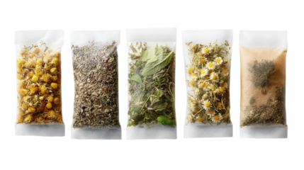 Organic Herbal Tea Bags: A flat lay of organic herbal tea bags with natural dried herbs like chamomile and peppermint, isolated on a Transparent background, PNG file.