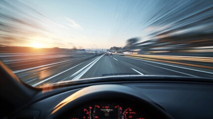 Fast car driving on a highway at sunset.