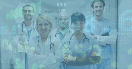 Animation of stock market data processing over team of diverse medical health workers standing - Powered by Adobe