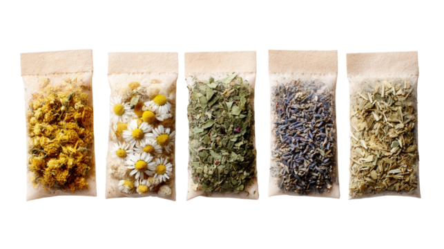 Organic Herbal Tea Bags: A flat lay of organic herbal tea bags with natural dried herbs like chamomile and peppermint, isolated on a Transparent background, PNG file.