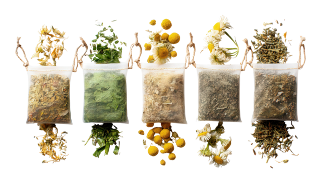 Organic Herbal Tea Bags: A flat lay of organic herbal tea bags with natural dried herbs like chamomile and peppermint, isolated on a Transparent background, PNG file.