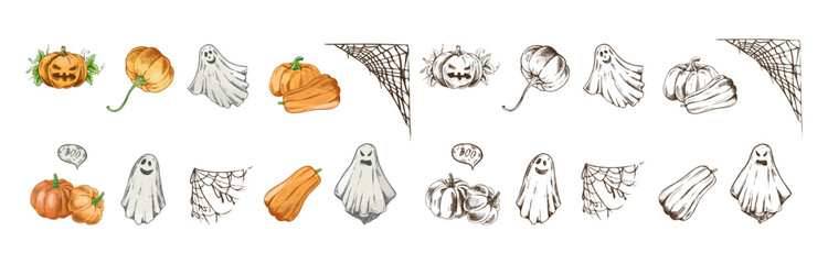 Hand drawn vintage halloween set with pumpkins, spooky ghosts, spider webs and festive autumn holiday elements