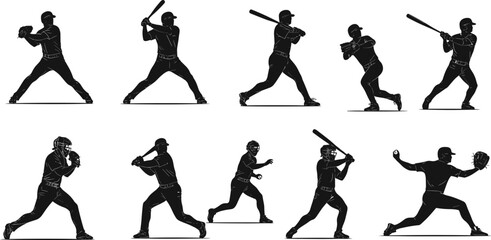 Baseball player silhouette vector set, hitting, pitching, running, catching, batting poses, sports action, team game, athletic motion clipart