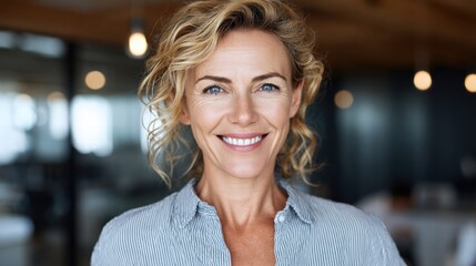 This portrait showcases a happy, middle-aged woman with a genuine smile and bright blue eyes