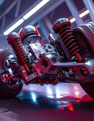 Close-up view of intricate vehicle suspension components, highlighted by dramatic lighting and showcasing a futuristic design.