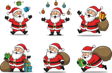 Santa Claus cartoon characters with gifts, presents, sack, ornaments, Christmas theme, joyful expressions, holiday season, festive winter design