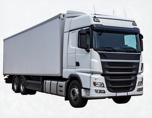 A modern white and gray delivery truck stands prominently against a plain white background.