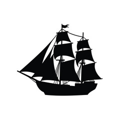 Silhouette of a classic sailing ship with many sails on white background, sailboat silhouette vector illustration